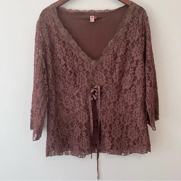 Seven 7 Y2K Women’s Sz. 18 Brown Lace Babydoll Blouse Sheer Longsleeve Corset - Picture 1 of 8